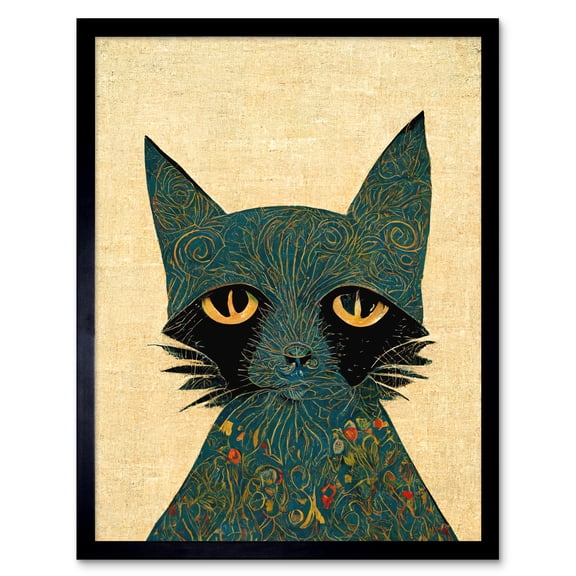 William Morris Style Floral Blue Cat Art Print Framed Poster Wall Decor 12x16 inch