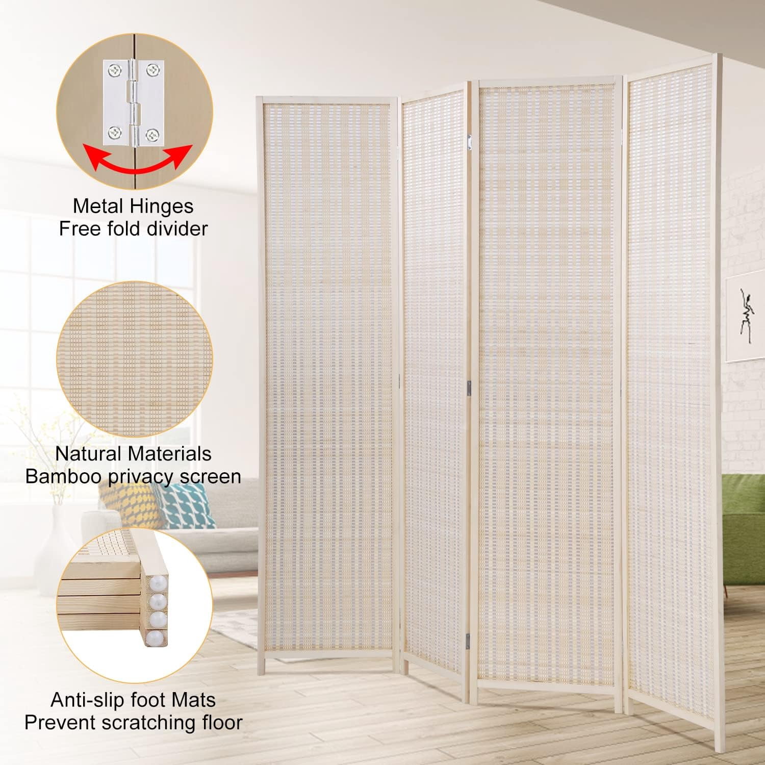 XF XINFENG Bamboo Room Dividers 4 Panel 72" Tall Folding Privacy Screen Partition Wall Divider for Living Room, No Assembly Needed, Natural