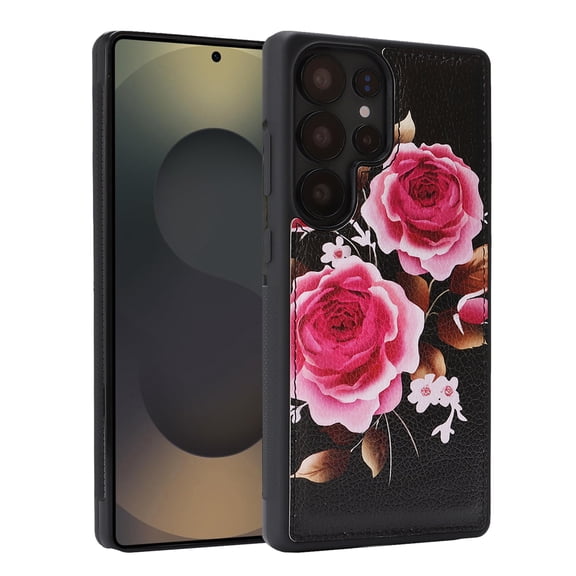 for Samsung Galaxy S25 Floral Pattern PU Leather   TPU Case, Classic Shock Absorbing Ultra Slim Drop Protective Anti-Scratch Lightweight Women Back Cover, Black