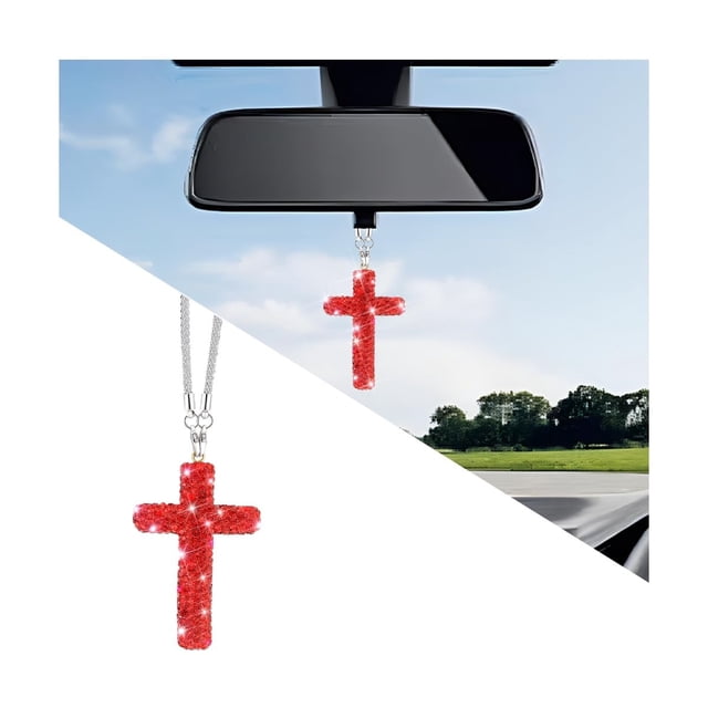 Cross Crystal Rhinestone Car Hanging Ornament, Diamond Rear View Mirror Pendant for Car Interior Decor(Red)