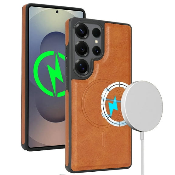 Magnetic Case for Samsung Galaxy S23 Ultra, Wireless Charging, Magnetic Car Mount Support, PU Leather Slim Flexible Bumper Protective Cover Skin-Feel Microfiber for Samsung Galaxy S23 Ultra, Brown