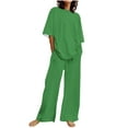 thumbnail image 2 of Dazajoo Womens 2 Piece Linen Sets Summer Short Sleeve Round Neck Tops and Wide Leg Pants with Pockets,Green,XXL, 2 of 5