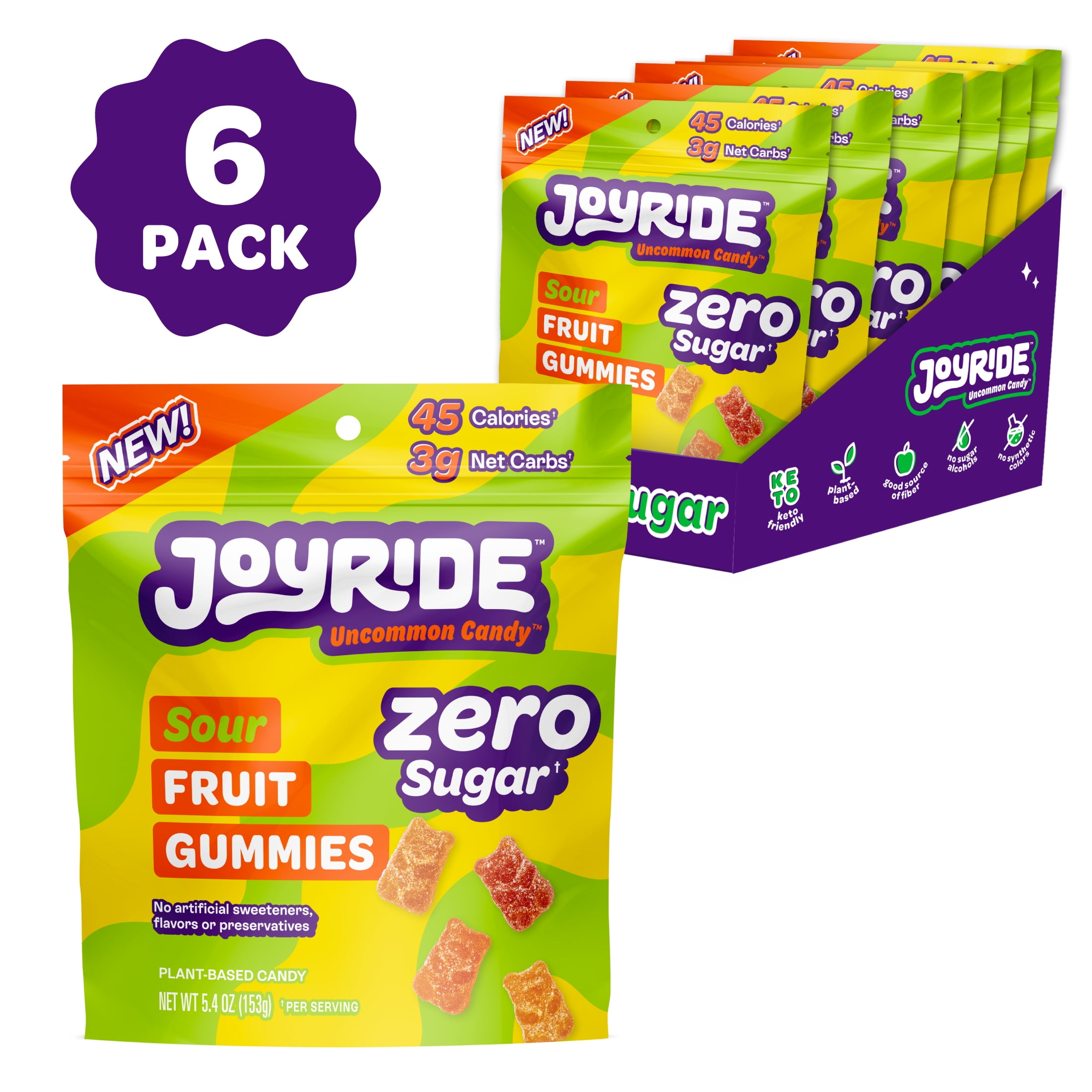 Joyride ZERO SUGAR Sour Fruit Gummies, Low Calorie Vegan Candy, 6 Pack