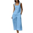 thumbnail image 3 of Ihhxva Cotton Linen Two Piece Set for Women Solid Color Stretchable Square Neck Sleeveless Slim Ankle Length Multi-Pocket Wrinkle-Resistant Summer Outfit S-2XL, 3 of 8