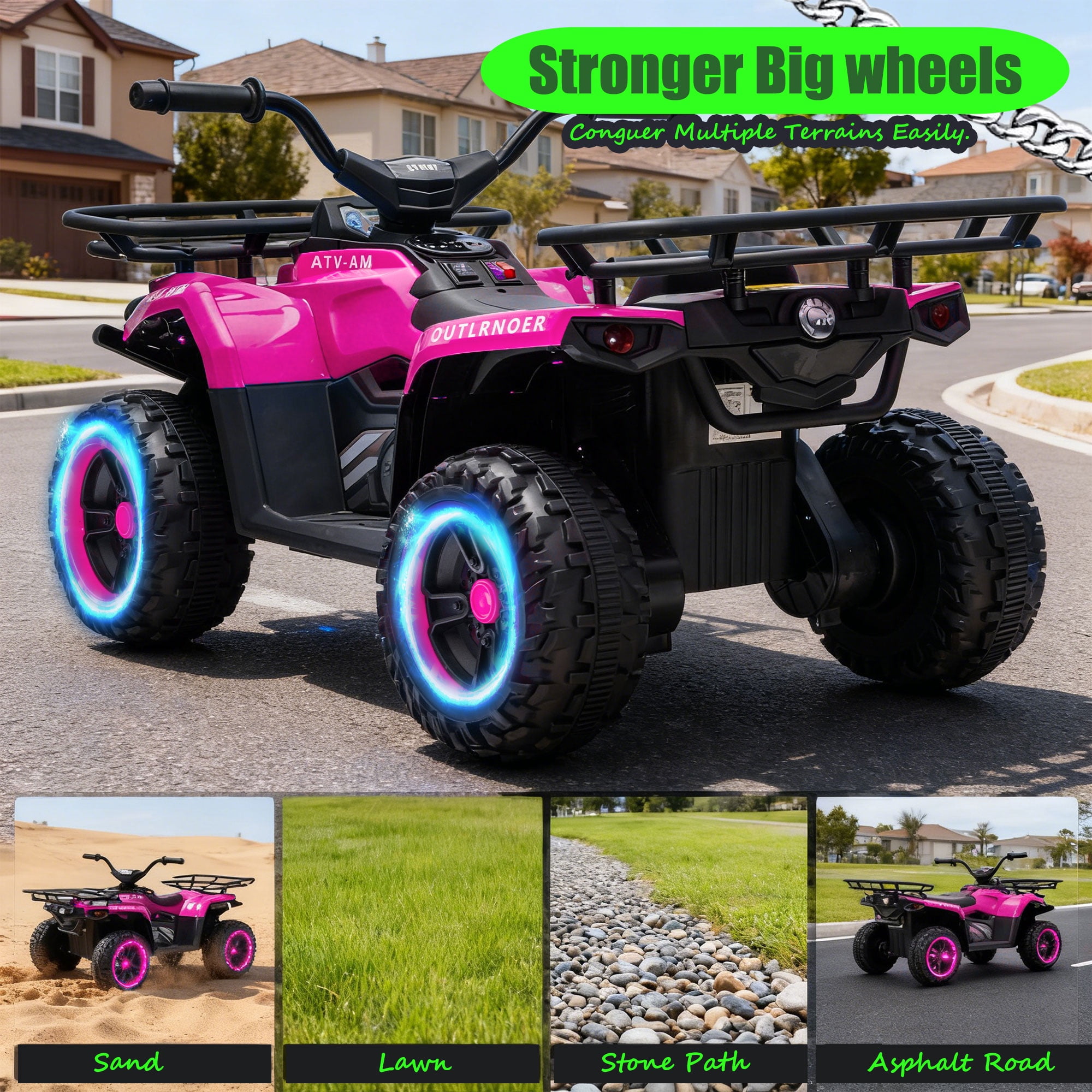 iYofe 24V Big Kids Ride on ATV Quad, Electric 4 Wheeler for Kids 3-6 with Battery Display, Anti-Slip Tires, LED Headlights, Bluetooth, MP3, Storage Racks, Gifts for Birthday & Christmas, Pink