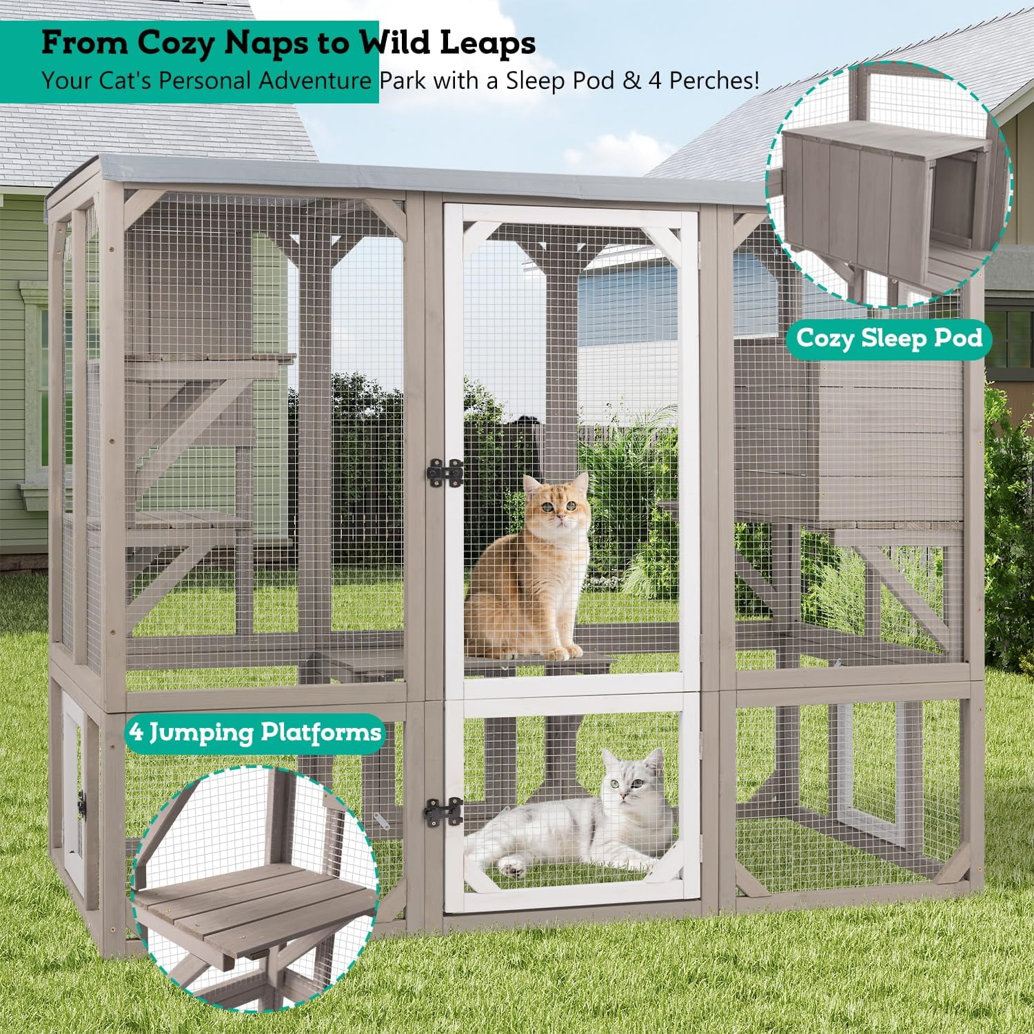 PETSCOSSET Large Catio Outdoor Cat Enclosure Window Access, Wooden Kitty Cage with Resting Room &3Platforms, Attached to Window