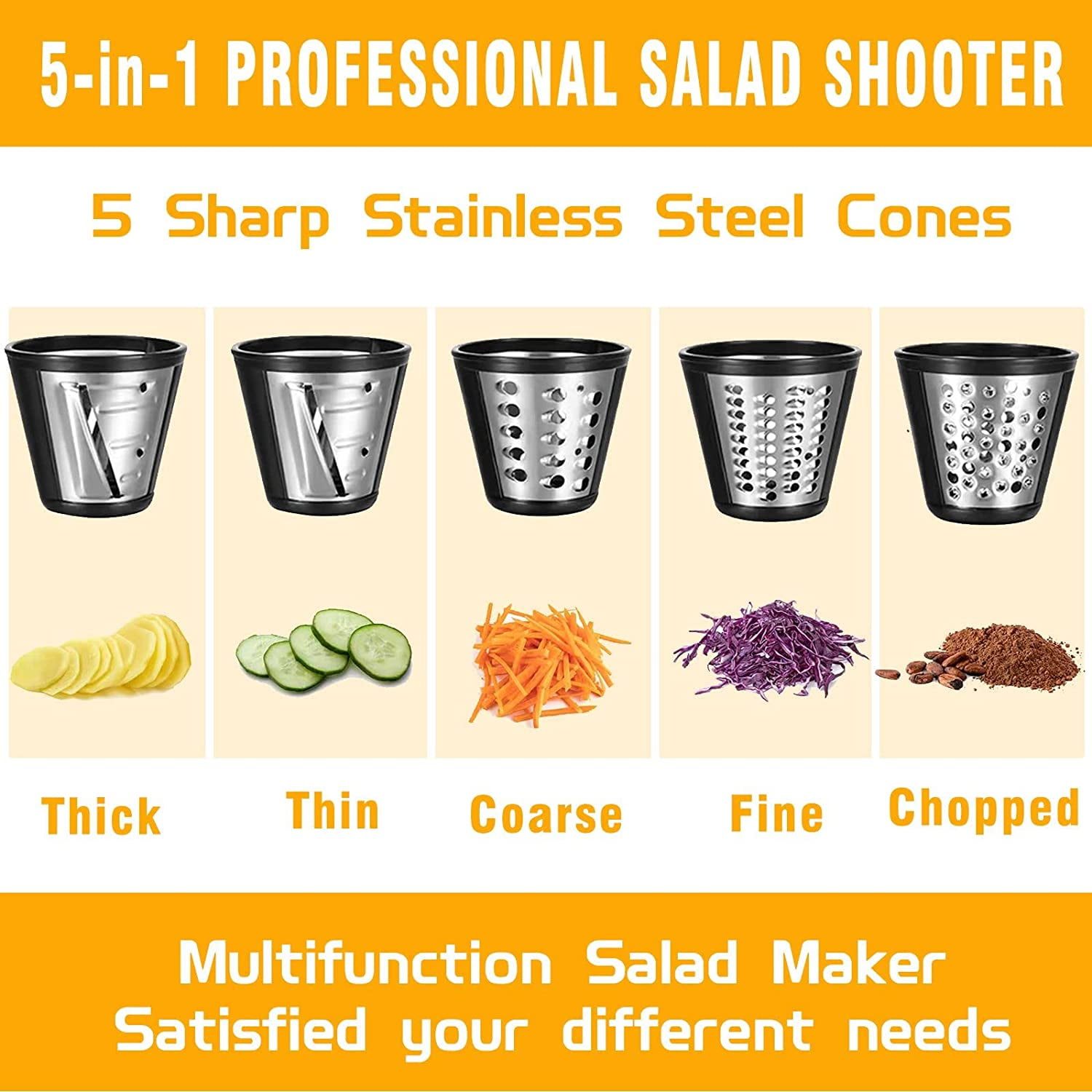 5-in-1 Electric Cheese Grater with 5 Blades – 250W One-Touch Shredder & Vegetable Slicer for Block Cheese, Fruits, Nuts