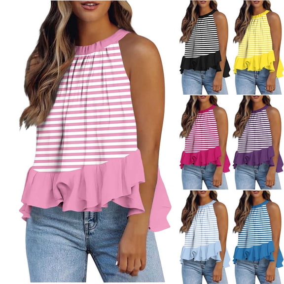 Hfnxid Ruffle Tank Tops for Womens Halter Striped Sleeveless T-Shirt Summer Boho Beach Vacation Top 2026 Flowy Blouses