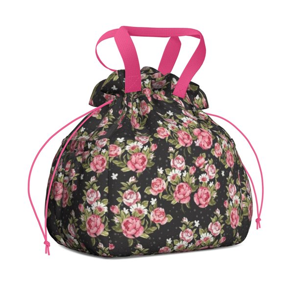 Pioneer Flower Floral Print Pattern Drawstring Lunch Bag Women - Drawstring Lunch Bag Insulated for Work Office - Stain-Resistant Large Lunchbags for Women with Multi-Pockets