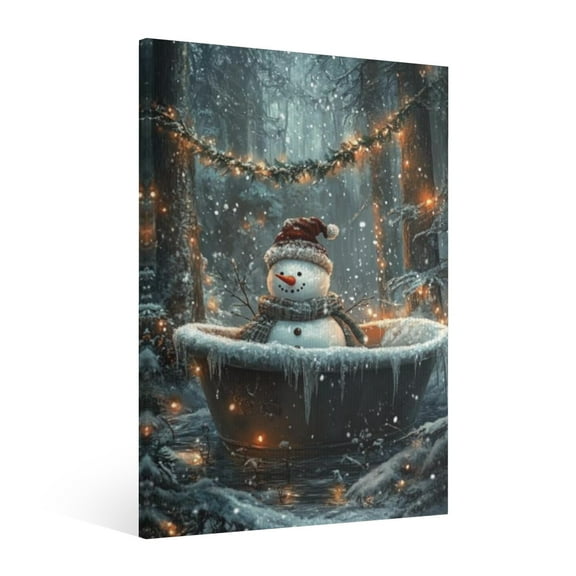 Vintage Christmas snowman in the bathtub Wall Art Paint - Retro Xmas Festive Winter Holiday Christmas Wall Decor Canvas for Living Room Kitchen Bathroom Home Bedroom Decor Framed