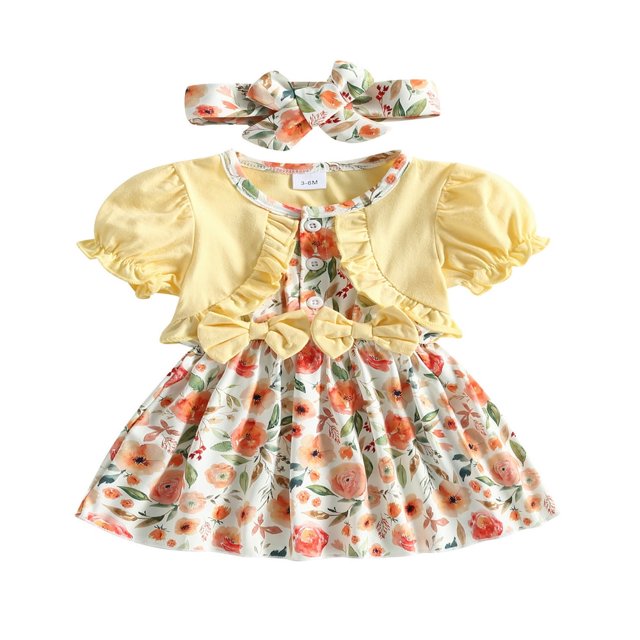 Infant Girl Princess Dress Flower Print Patchwork Dress with Headband