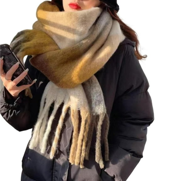 Brown Scarf for Women Woven Knitted Scarf with Colourful Check Pattern and Long Thick Fringes Warm Winter on Sale Clearance