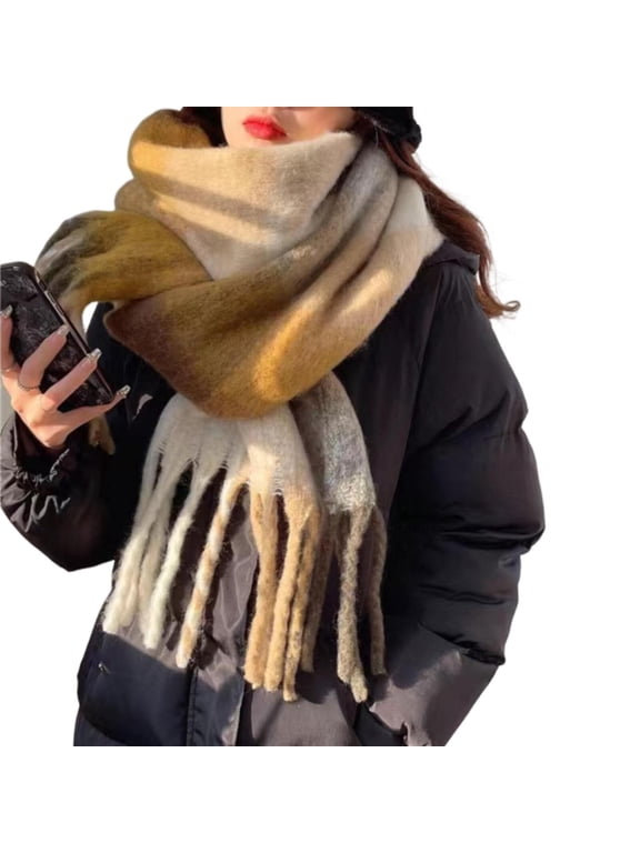 Brown Scarf for Women Woven Knitted Scarf with Colourful Check Pattern and Long Thick Fringes Warm Winter on Sale Clearance