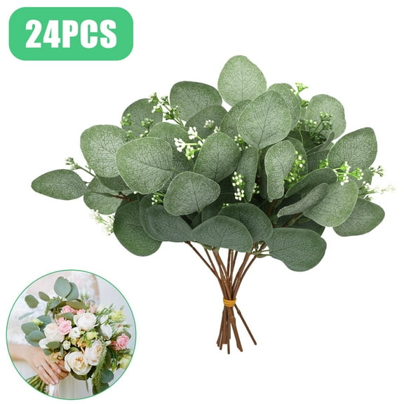 24 Pcs Artificial Eucalyptus Leaves Stems, 11'' Faux Silver Dollar Eucalyptus Tall Greenery Stems Fake Plant Branches for Floral Bouquets Wedding Holiday Christmas Decor
