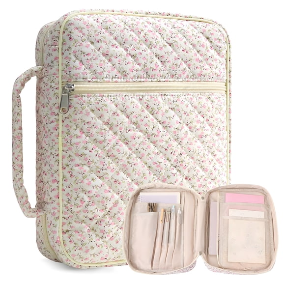 AOMRCOL Pink Floral Large Bible Cover Case for Women, Quilted Tote Bags with Multiple Compartments, Carrying Case for Bible Study Accessories, Christian Gifts