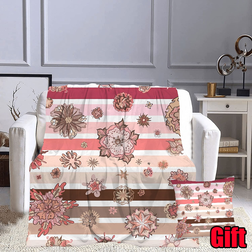 Retro Floral Striped Blanket With Pillow Cover For Office, Bed, Sofa 3D