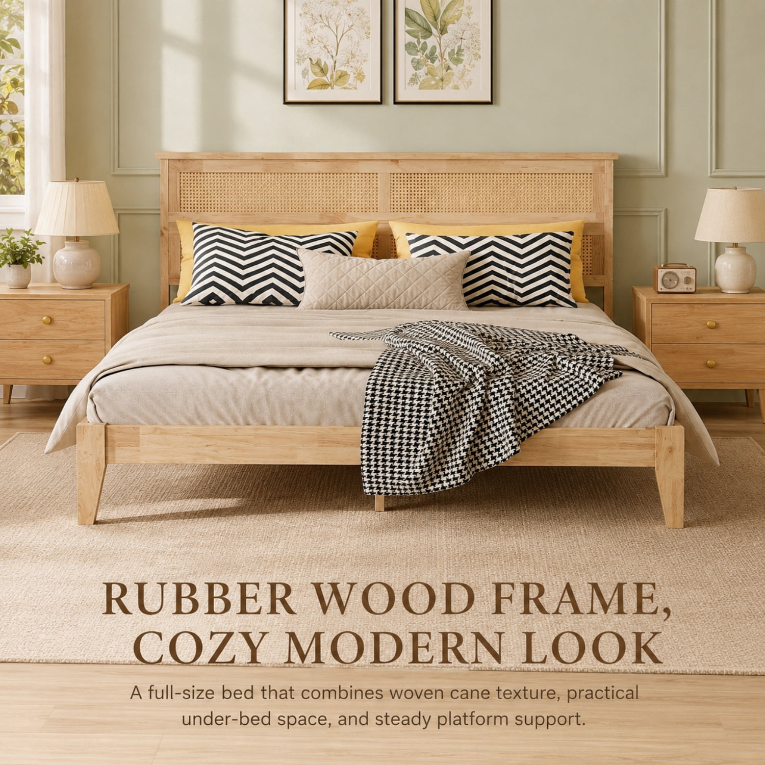 Miniyam King Size Rubber Wood Bed Frame with Rattan-Style Woven Headboard, Natural