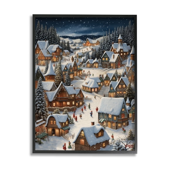 Stupell Industries Snowy Christmas Village Holiday Painting Black Framed Art Print Wall Art, 11 x 14