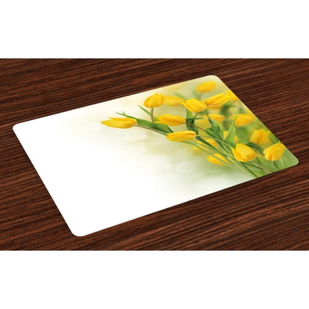 Famous Flower - Yellow Flower Placemats Set of 4 Romantic Tulip Bouquet Famous Plant of Netherlands Botanical Theme, Washable Fabric Place Mats for Dining Room Kitchen Table Decor,Mustard Fern Green, by Ambesonne