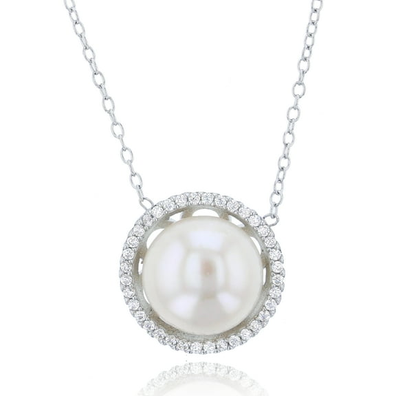 Decadence Sterling Silver Rhodium Cubic Zirconia & 10mm Round Fresh Water Pearl Circle 17" 1"Necklace
