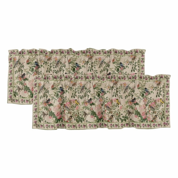Beige Spring Floral Curtain Valances for Windows, Kitchen Valance Window Treatments Panel 2 Pack, Elegant Pastoral Flowers Birds Watercolor Rod Pocket Short Curtains for Bathroom Bedroom 54 x 18 Inch