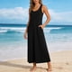 thumbnail image 2 of Vestido de Cuello de Tripulación para las Mujeres Moda Casual Color Sólido sin Mangas Bolsillo Longitud de Tobillo Vestido de Verano Largo para las Mujeres, 2 of 6