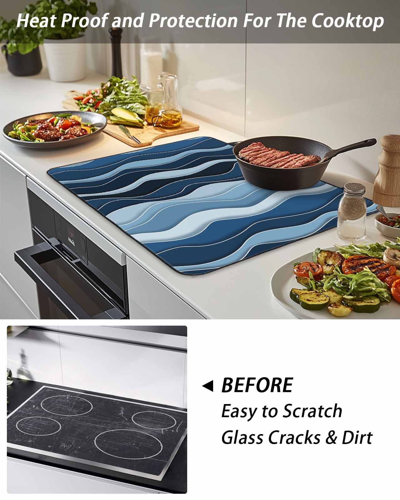 Stove Top Covers for Electric Stove, Abstract Blue Moire Glass Stovetop Cover Protector, Gradient Coastal Ocean Geometric Waves Induction Cooktop Protector Oven Mat for Kitchen Countertop 24"x21"