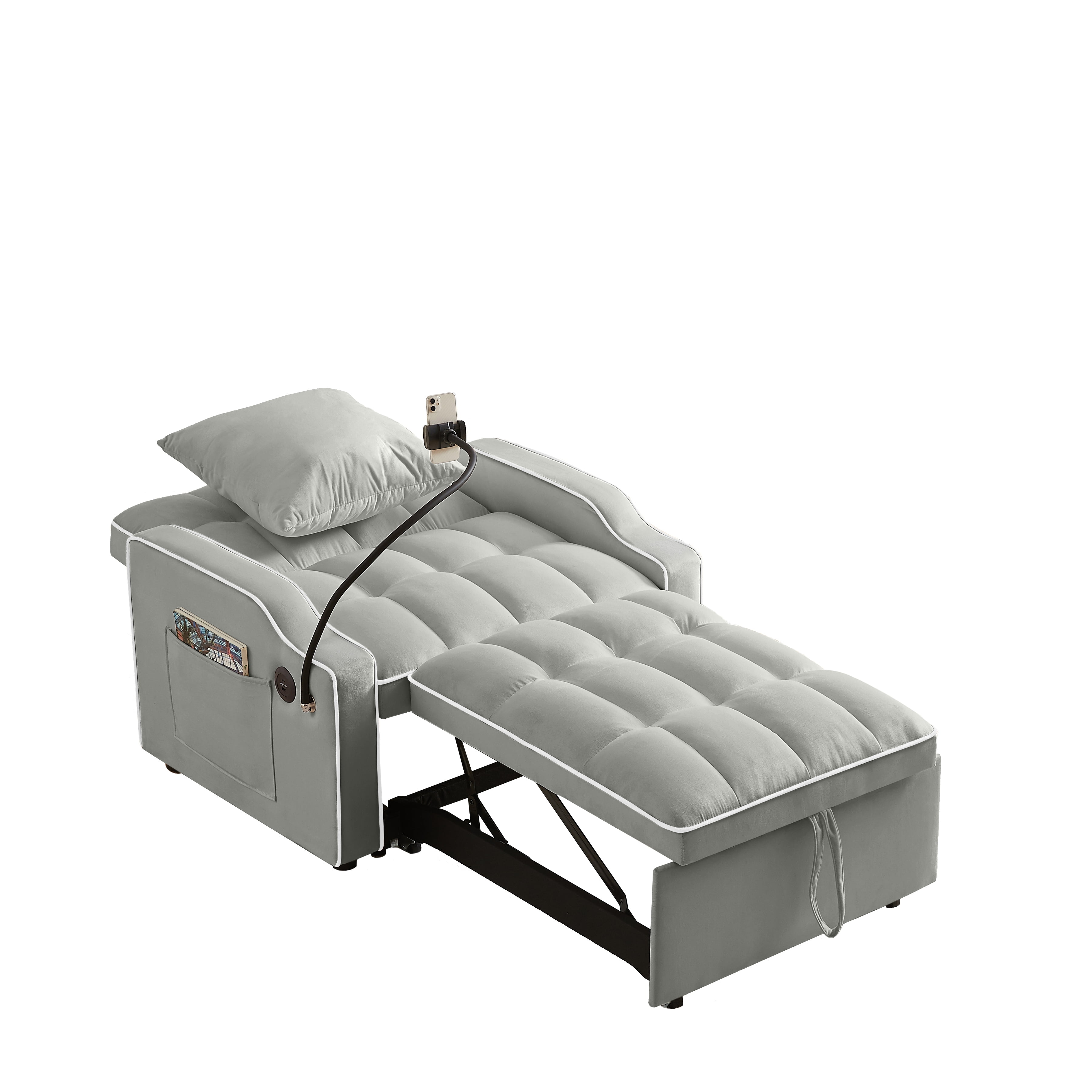 Leumius Convertible Sofa Chair Bed,3-in-1 Sleeper Sofa with Pull-Out Bed,Modern Velvet Single Sofa Chair with Reclining Backrest and Wide Armrest for Living Room Small Space,Gray