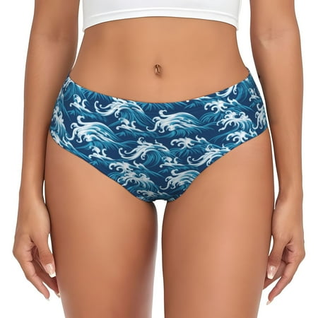 Naloa Sea Water Wave Womens No Show Cotton Underwear Mid-High Waisted Soft Ladies Panties Strech Breathable Briefs -Medium
