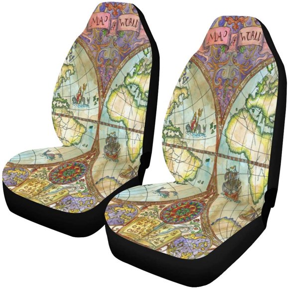 RYLABLUE Set of 2 Car Seat Covers Vintage World Map Universal Auto Front Seats Protector Fits for Car,SUV Sedan,Truck