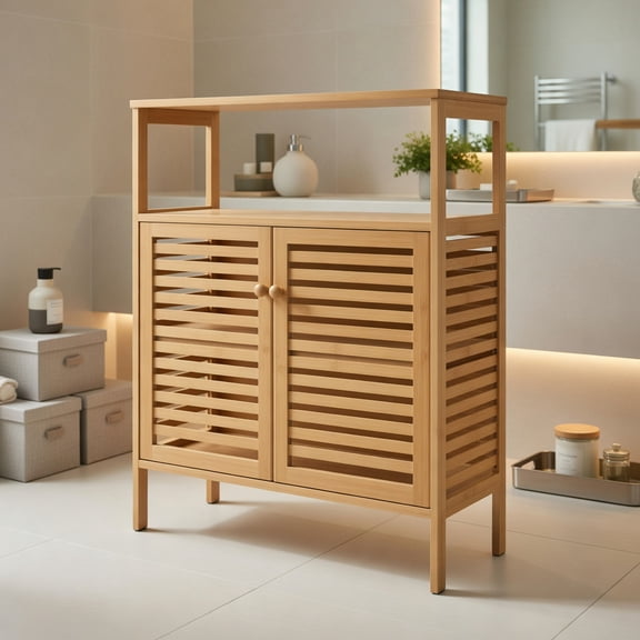 Resenkos Bamboo Bathroom Floor Storage Cabinet with Shutter Doors-Natural, Bathroom Cabinets for Entryway Storage, Home Office Furniture