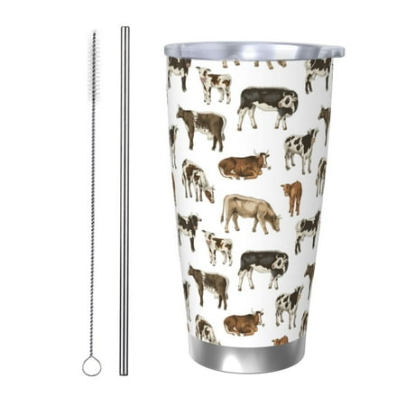 

Ocsxa Cow Pattern 20oz Travel Coffee Mug with Flip Lid Stainless Steel Insulated Insulated Coffee Mug Thermal Cup with Splash Proof Sliding Lid-Straw Two-piece Set
