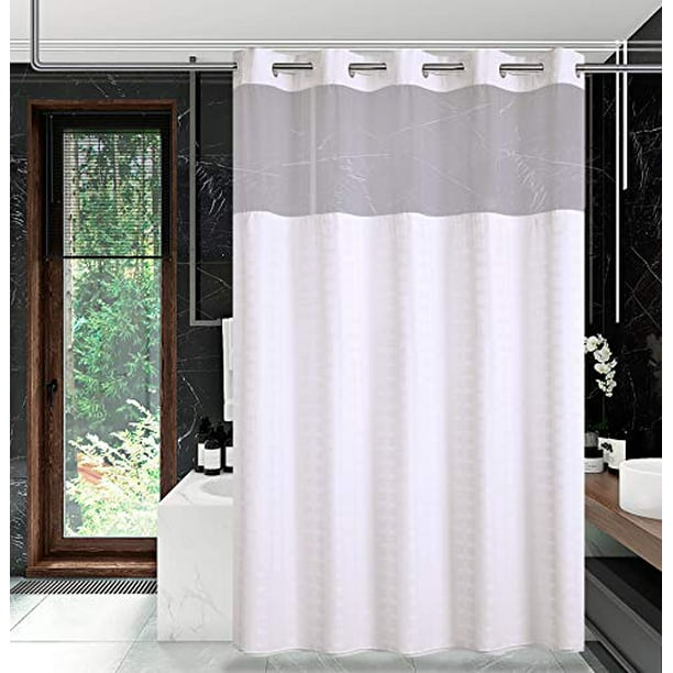 Conbo Mio Hotel Style Fabric Shower Curtain No Hooks Needed With Snap In Liner For Bathroom Machine Washable Waterproof Repellent Wide Check White 108 W X 74 H Com Conbo Mio Hotel Style Fabric Shower, Waterproof Fabric Shower Curtain No Liner Needed