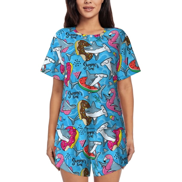 Fotbe Sharks Summer Conjunto de Pijama Estampado para Mujer, 2 Piezas, Ropa de Dormir con Camiseta de Manga Corta y Shorts Suaves-XX-Large