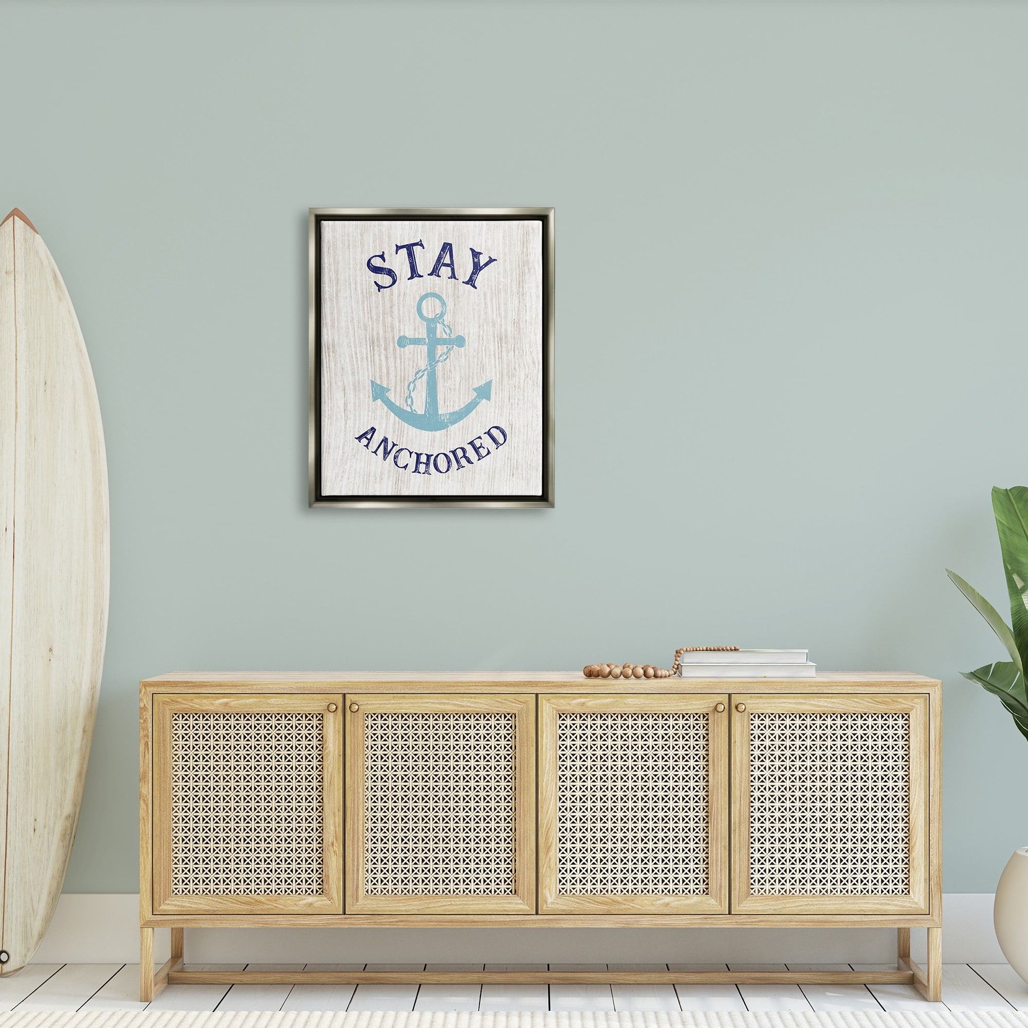 Stupell Industries Stay Anchored Rustic Nautical Beach Typography Graphic Art Luster Gray Floating Framed Canvas Print Wall Art, Design by CAD Designs