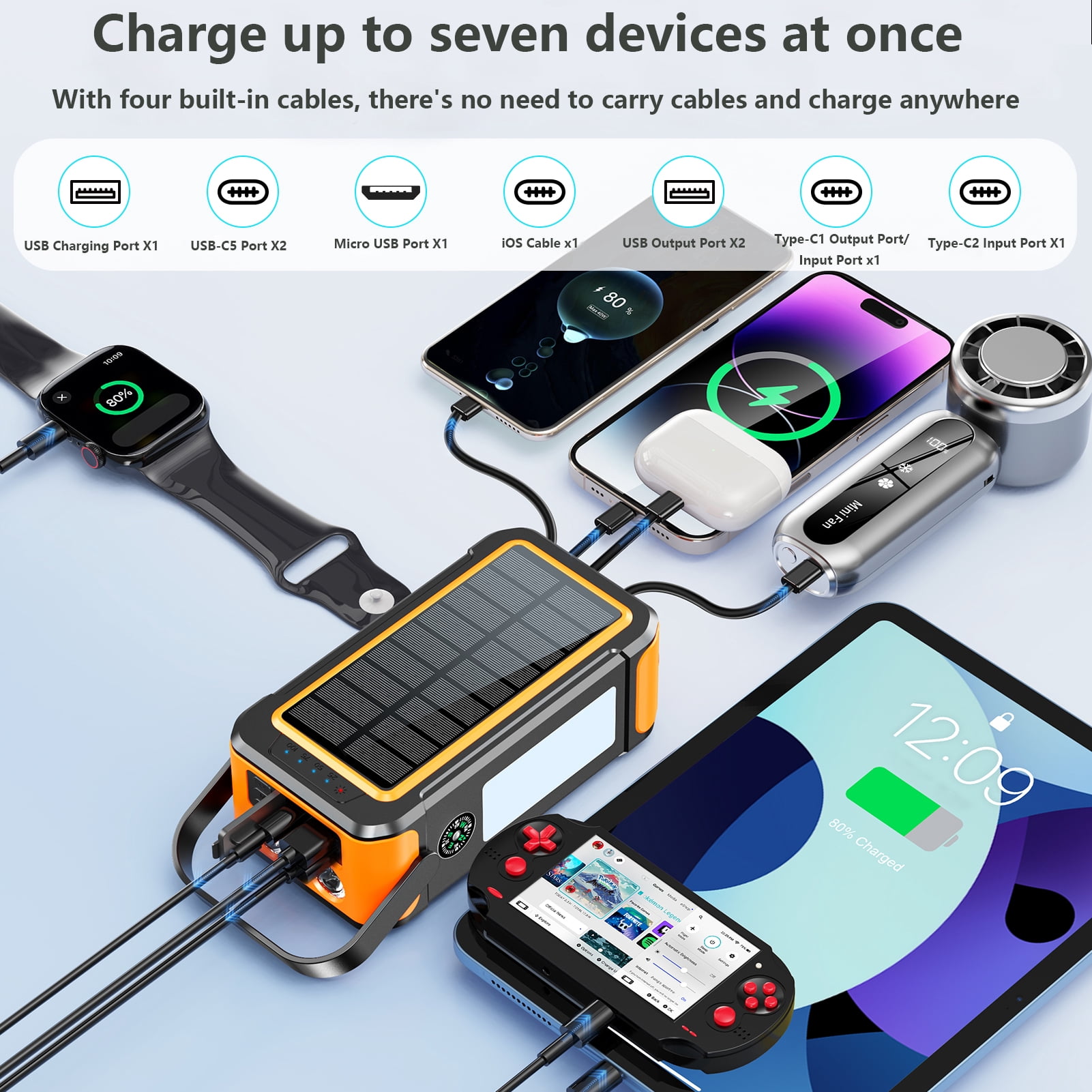 Power Bank Wireless Charger 80000mAh Built in 4 Cables Six Outputs 15W Fast Charging Power Bank for All Mobile Devices Three Inputs Solar Portable Charger with Dual Flashlights