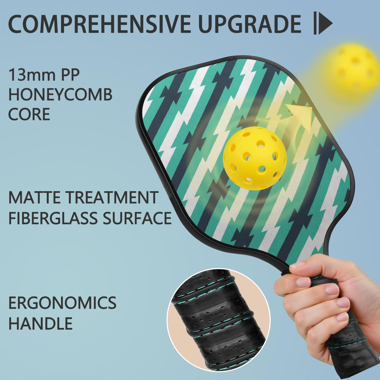 Pickleball Paddles Set Of 1, Fiberglass Surface, Colorful Lines Print, 1 Paddle, 2 Balls & Bag
