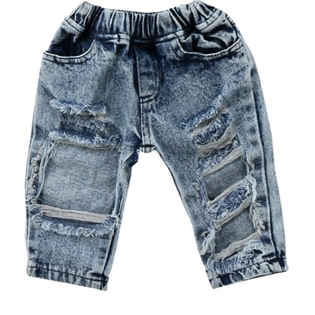 Toddler Baby Boys Denim Pants Ripped Jeans Elastic Waistband Trousers Bottoms 