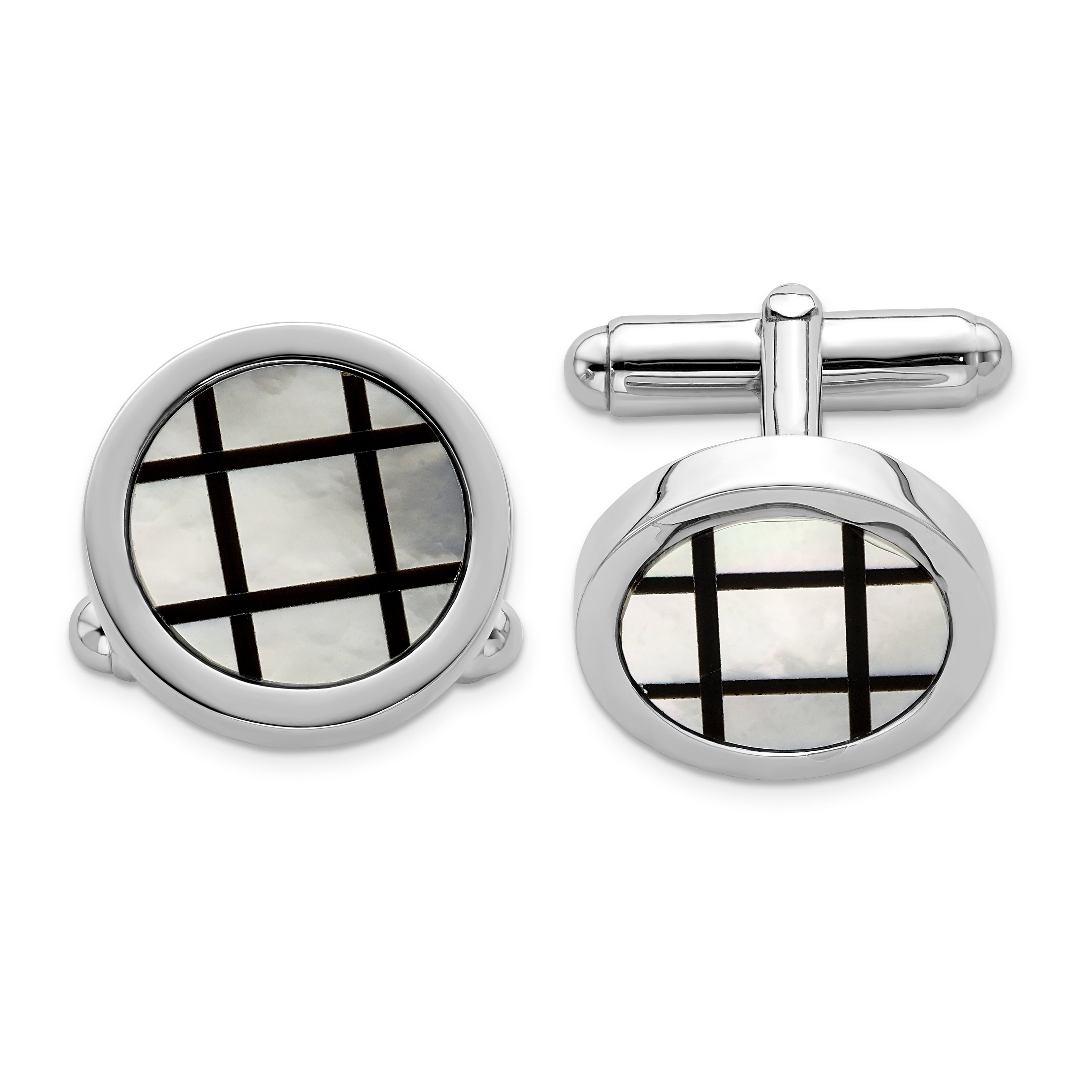 Sterling Silver Rhodium-plated with MOP /& Black Enamel Cuff Links