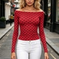 thumbnail image 4 of hoksml Women's Polka Dot Off Shoulder Long Sleeve Top Stretch Slim Fitted Boat Neck Y2K Blouse, 4 of 6