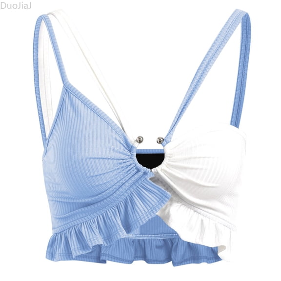 DuoJiaJ Women's Fashion Solid Color Patchwork Slim Crop Vest Top Women Cropped Tank Tops Blue L