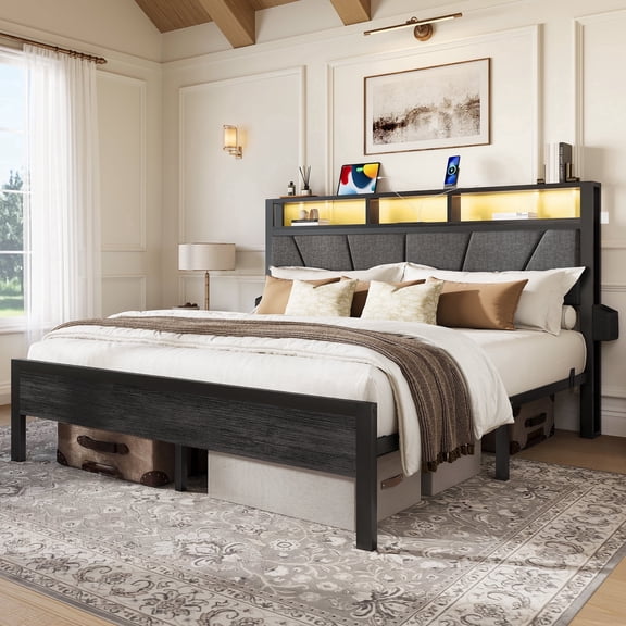 Queen Size Bed Frame WithUpholstered Headboard, Storage Drawers, LED Lights and Charging Station, Black