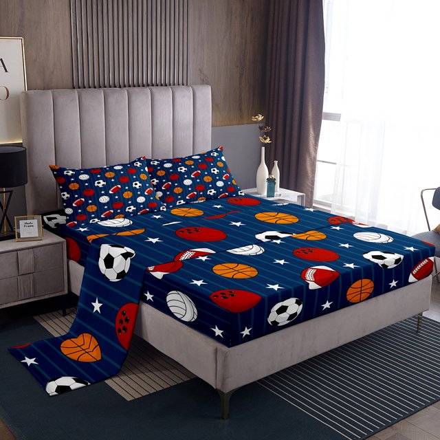 Erosebridal Rugby Basketball Game Full Sheet Sets,Stars Stripes Bedding Full Size,Sport Theme Decor,Breathable,4-Piece