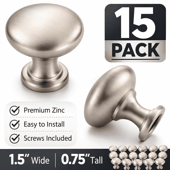 15 Pack Satin Nickel Cabinet Knobs – 1.5" Round Zinc Drawer Pulls – 0.75" Tall – Modern Cabinet Hardware with Mounting Screws for Kitchen, Dresser & Furniture