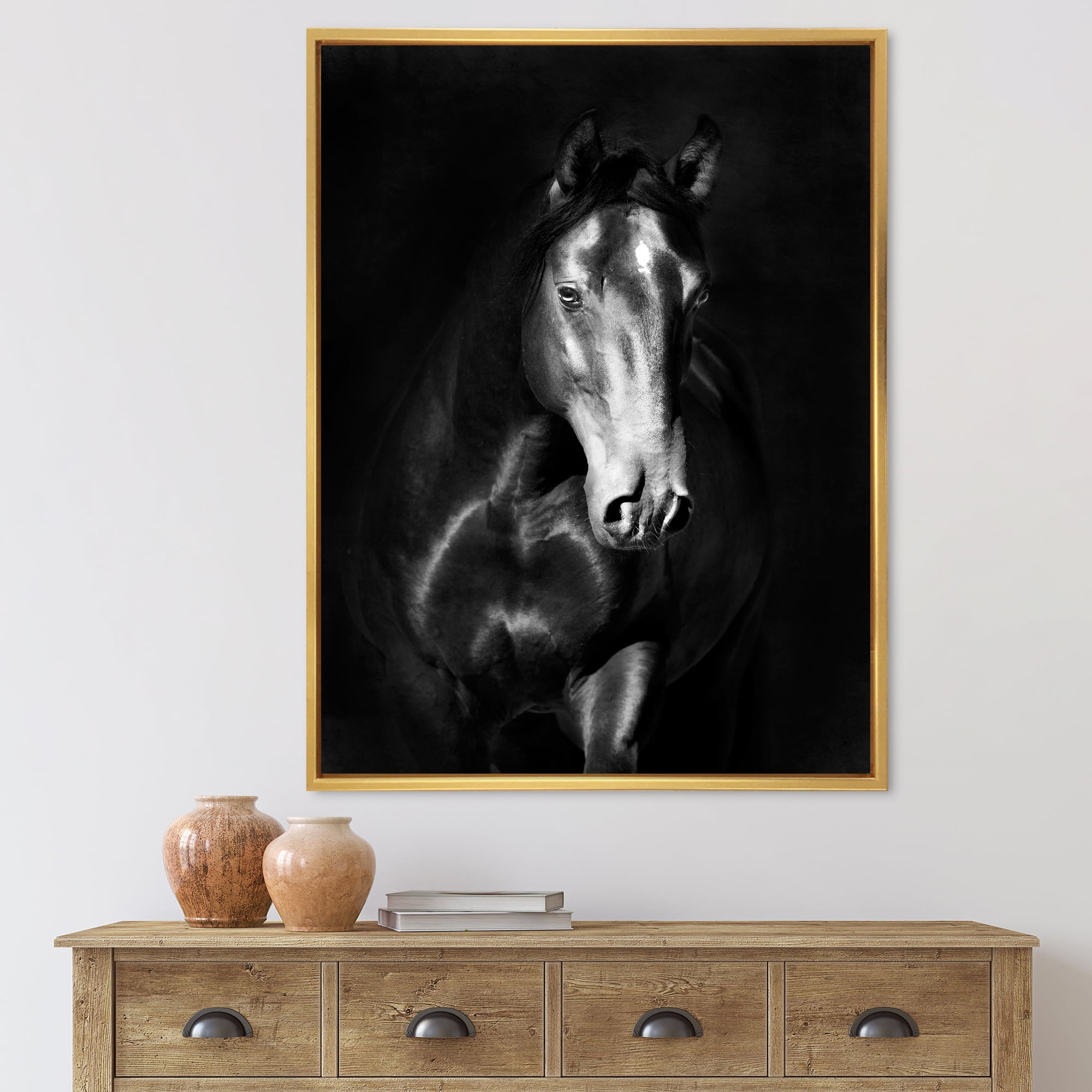 Designart 'Close Up Portrait Of Black Kladruby Horse' Farmhouse Framed Canvas Wall Art Print