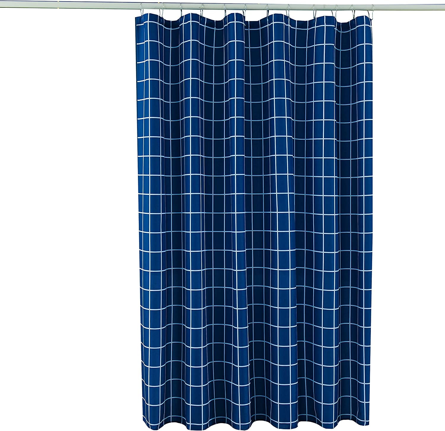 Extra Long Textured Fabric Shower Curtain 72' Width by 84' Length, Indigo Checkered Printed Bathroom Curtains Machine Washable