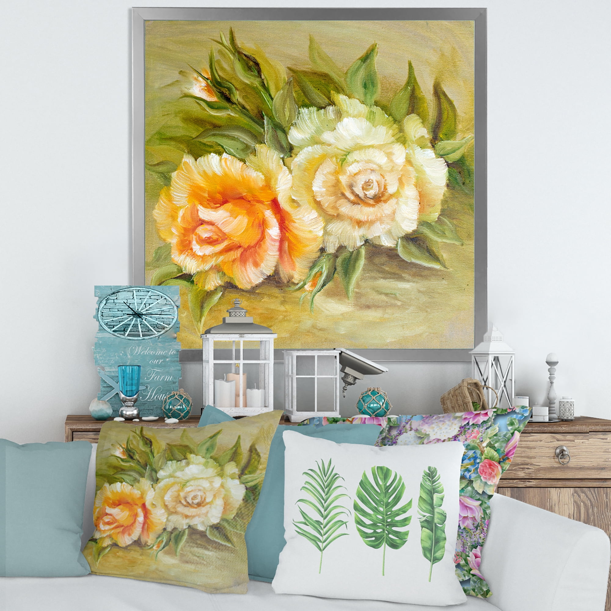 Designart 'Vintage Yellow and White Roses' Traditional Framed Art Print