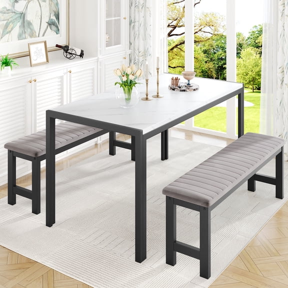 UHOMEPRO Dining Room Table Set, 3-Piece Marble Top Breakfast Nook Dining Table Set with 2 Upholstered Benches, Kitchen Table Set with Metal Frame, Modern Furniture for Home Cafeteria, White