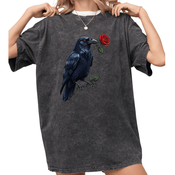 Women's Vintage Raven & Red Rose Graphic Breathable Washed T Shirt Gothic Romantic Bird Lover Black S-2XL Plus Size