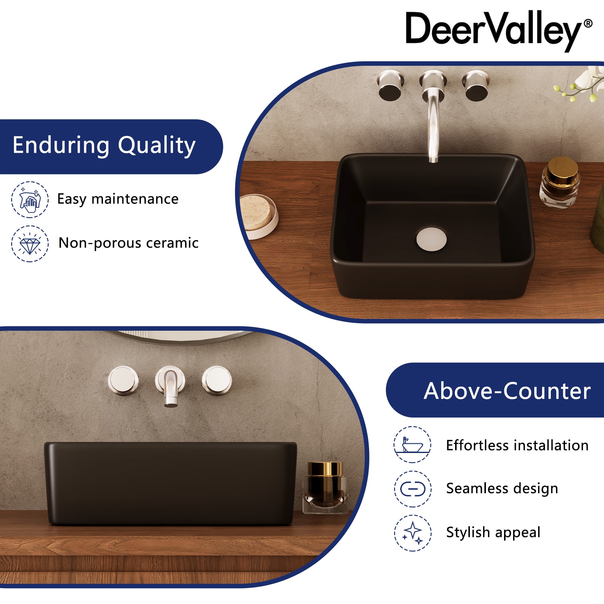 DV-1V0048B DeerValley Liberty 16 in. L x 12 in . W Rectangular Bathroom Ceramic Vessel Sink in Black, Faucet not Included